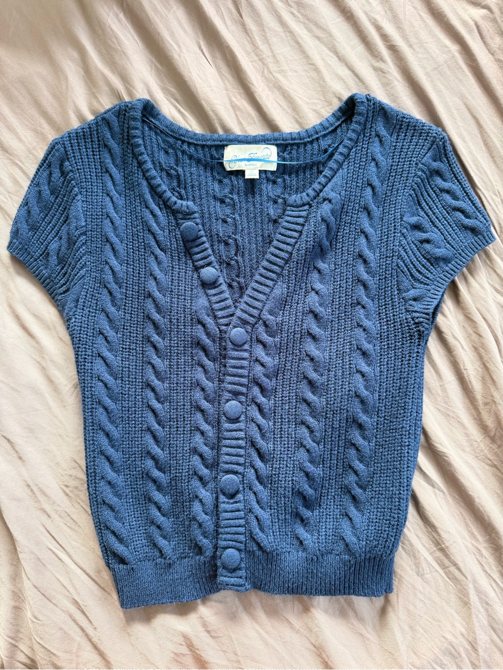 blue short sleeve cardigan sweater